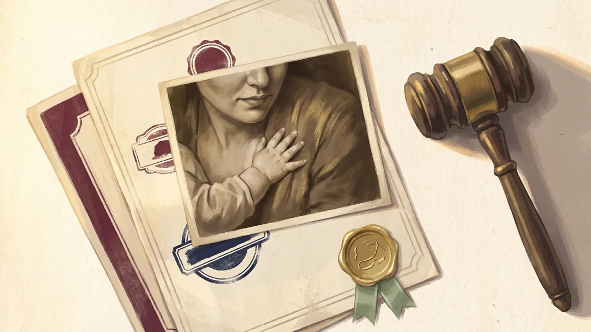 Foto familiar antigua sobre partidas de nacimiento, junto a un martillo de juez y un sello de lacre dorado