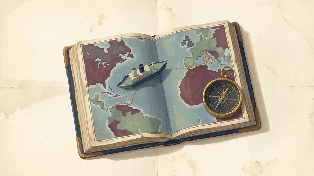 Guía de viaje abierta con un mapa del Atlántico, una ruta dorada punteada entre Italia y Sudamérica y una brújula
