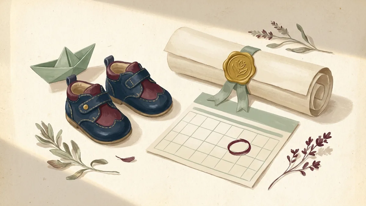 Zapatitos de niño junto a un barquito de papel, una partida de nacimiento y un calendario con una fecha marcada