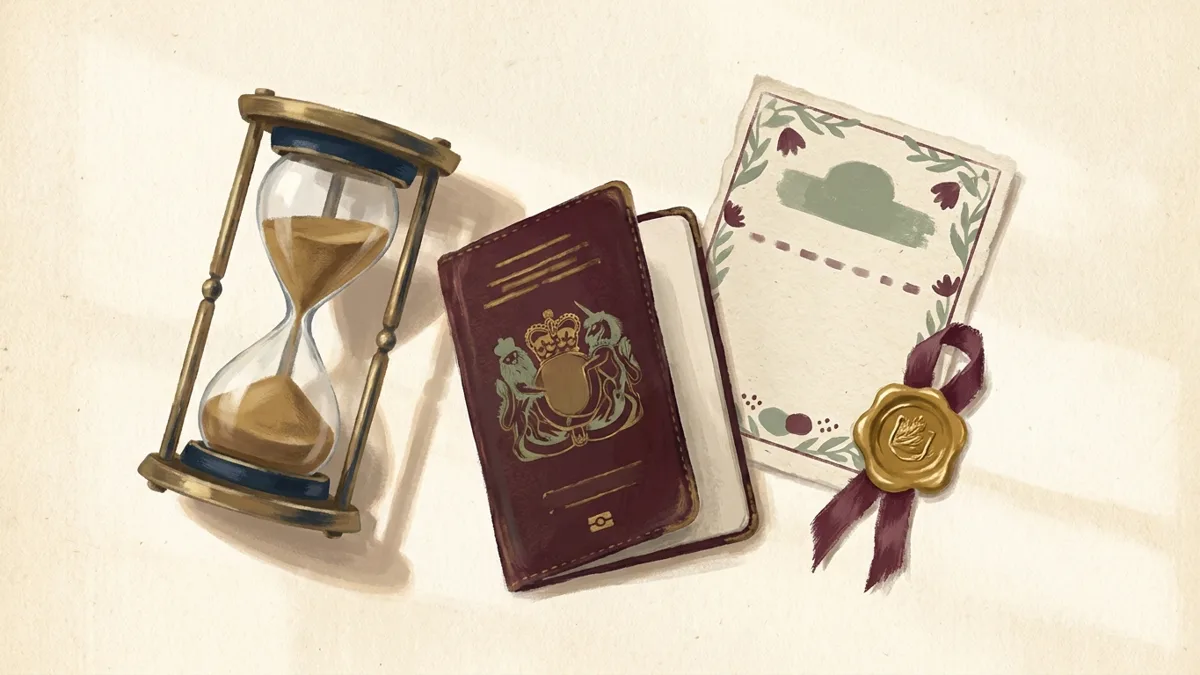 Reloj de arena de bronce casi agotado junto a un pasaporte antiguo y una hoja de calendario